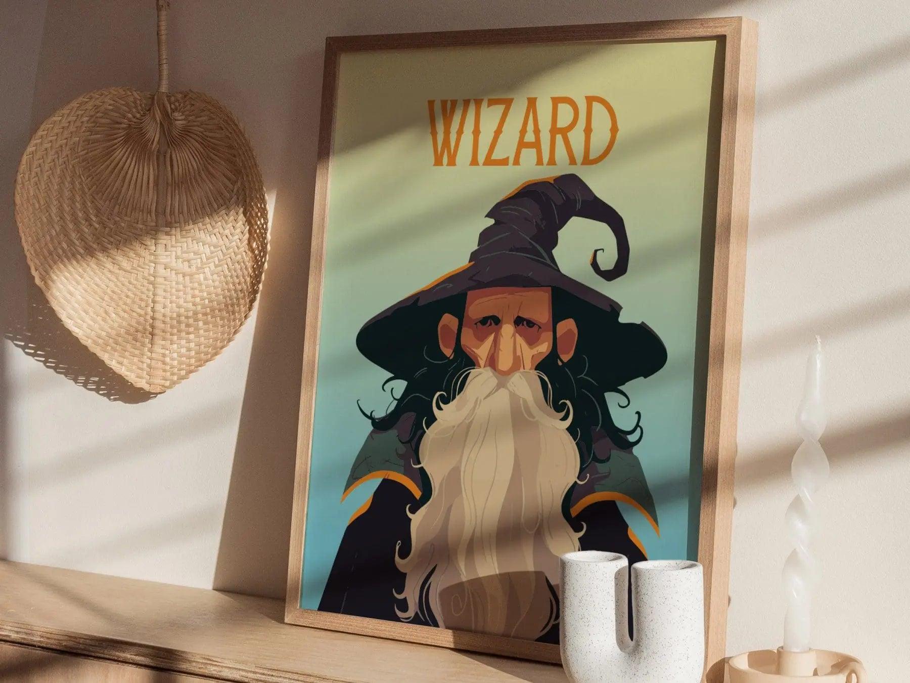 Wizard sorcerer poster in white frame featuring wise ancient mage with flowing beard and penetrating gaze fantasy art