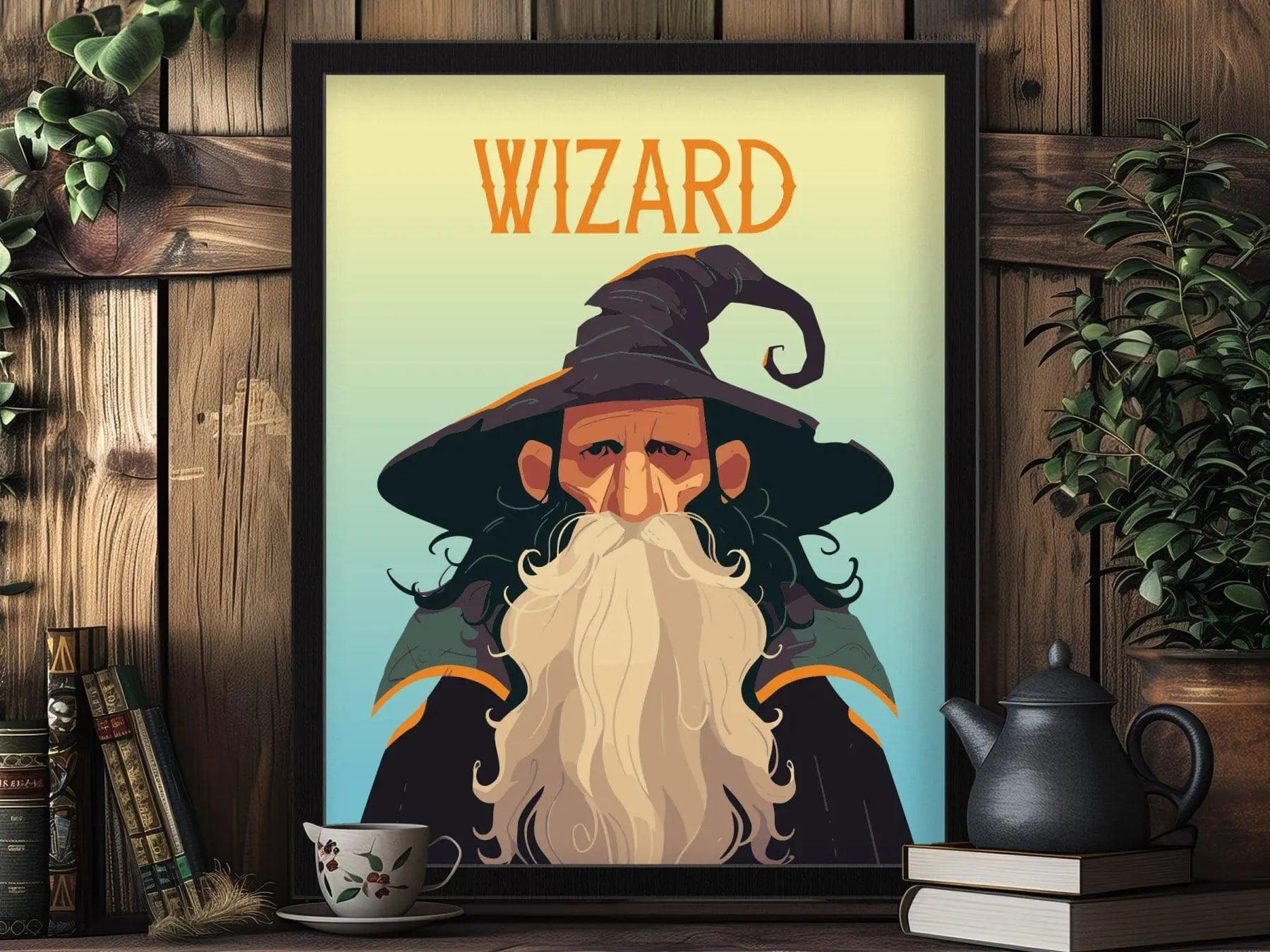 Wizard fantasy portrait poster featuring ancient sorcerer with white beard and mystical hat in magical gradient wall art