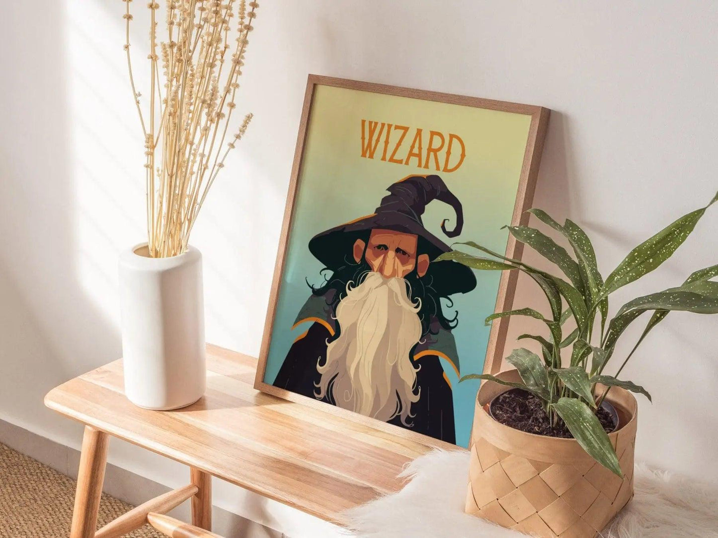 Epic fantasy wizard poster in black wood frame showing powerful sorcerer portrait with enchanted color gradient background