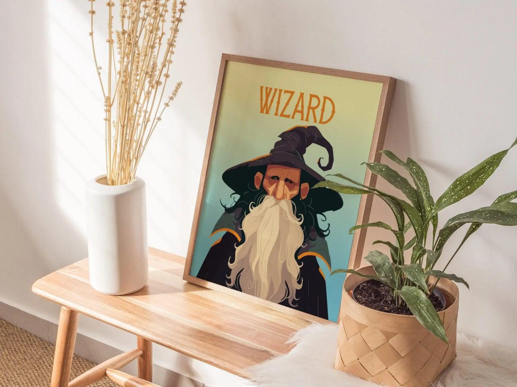 Epic fantasy wizard poster in black wood frame showing powerful sorcerer portrait with enchanted color gradient background