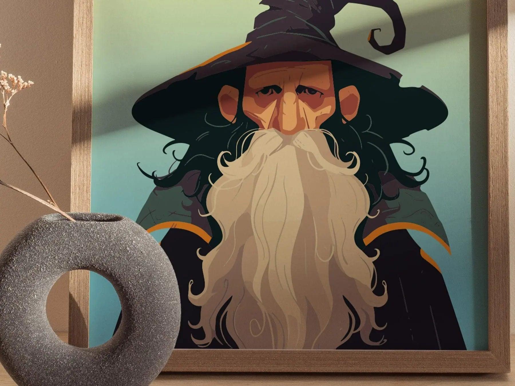 Framed artwork of a wizard with a long beard and pointed hat on a wall.