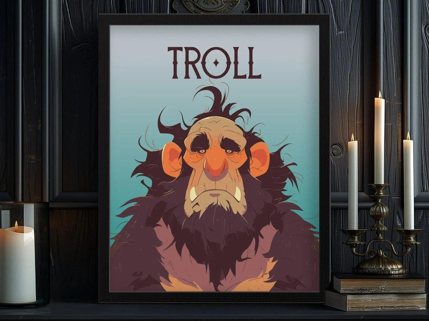 Troll Fantasy Creature Portrait Framed Wall Art, LOTR D&D WoW RPG Fan Gift, Game Room Decor, Mythical Folklore Dark Academia Gamer Poster - Swell Scenes