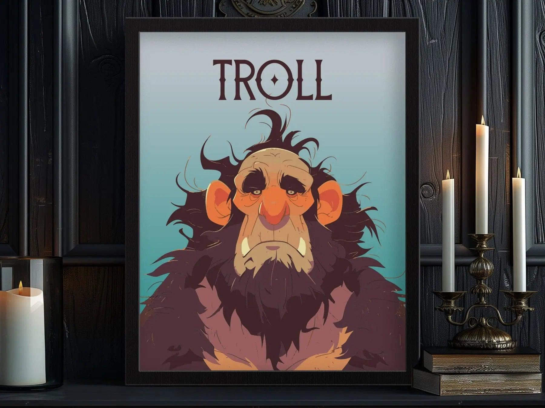Troll Fantasy Creature Portrait Framed Wall Art, LOTR D&D WoW RPG Fan Gift, Game Room Decor, Mythical Folklore Dark Academia Gamer Poster - Swell Scenes