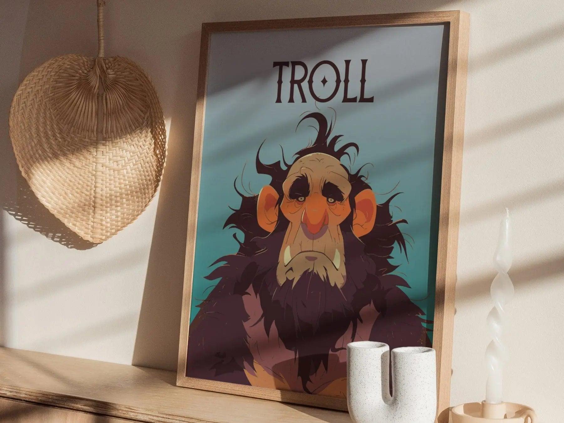 Troll Fantasy Creature Portrait Framed Wall Art, LOTR D&D WoW RPG Fan Gift, Game Room Decor, Mythical Folklore Dark Academia Gamer Poster - Swell Scenes