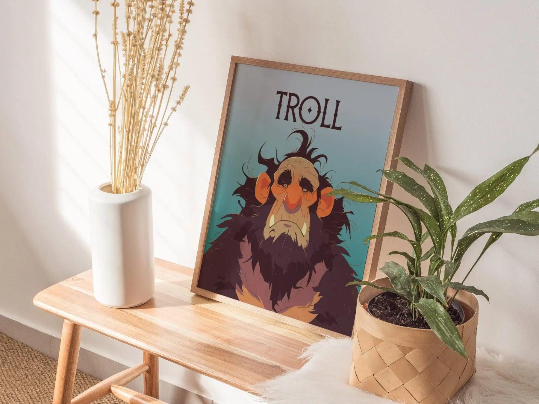 Troll Fantasy Creature Portrait Framed Wall Art, LOTR D&D WoW RPG Fan Gift, Game Room Decor, Mythical Folklore Dark Academia Gamer Poster - Swell Scenes
