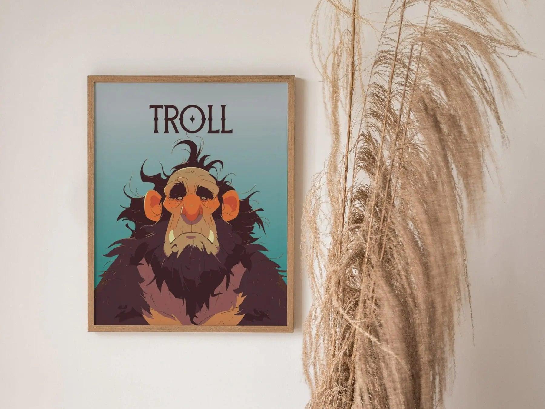 Troll Fantasy Creature Portrait Framed Wall Art, LOTR D&D WoW RPG Fan Gift, Game Room Decor, Mythical Folklore Dark Academia Gamer Poster - Swell Scenes