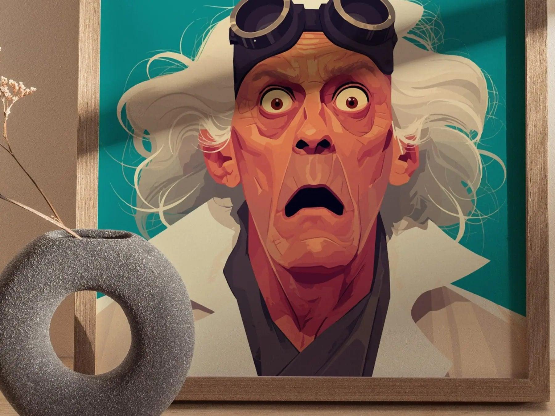 Doc Brown Back To The Future Framed Wall Art | Classic 80s Scifi Movie Poster | Christopher Lloyd Fan Nostalgic Sci-Fi Film Decor Gift Set - Swell Scenes