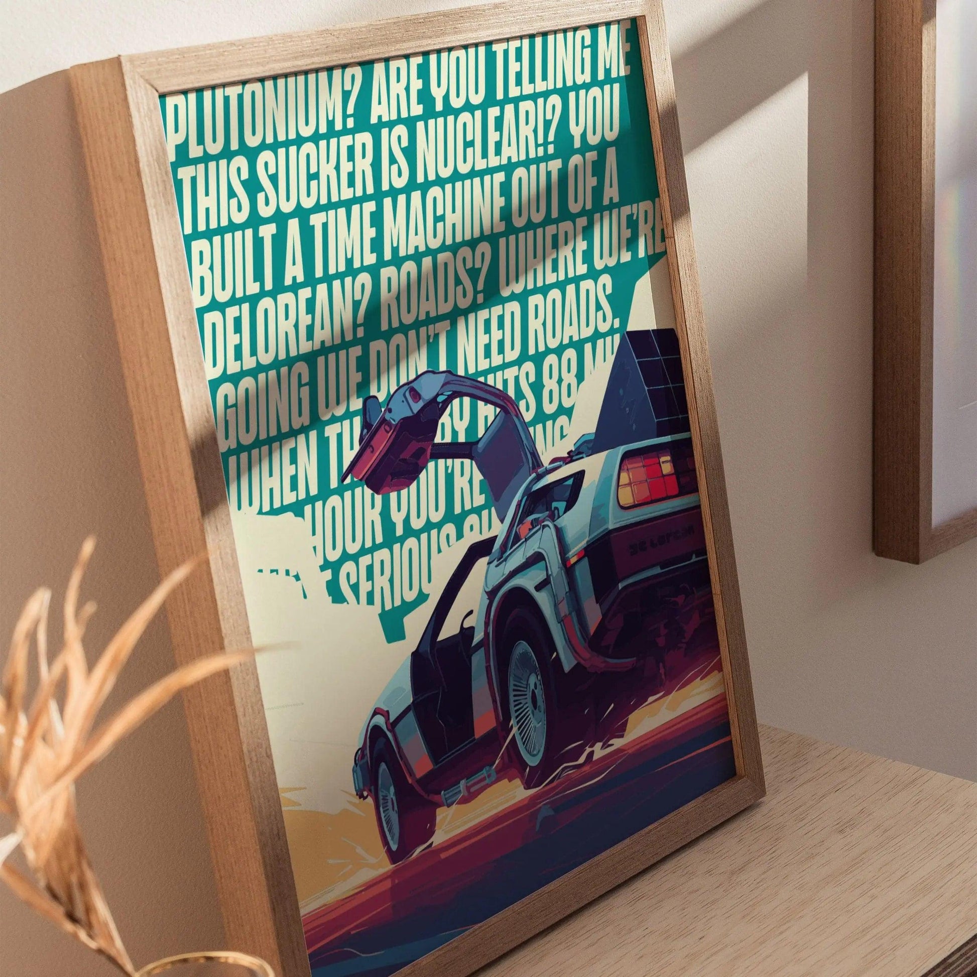 DeLorean Time Machine Back To The Future Framed Wall Art | 80s Scifi Movie Fan Poster Classic Car Fan Nostalgic Sci-Fi Film Decor Gift Set - Swell Scenes