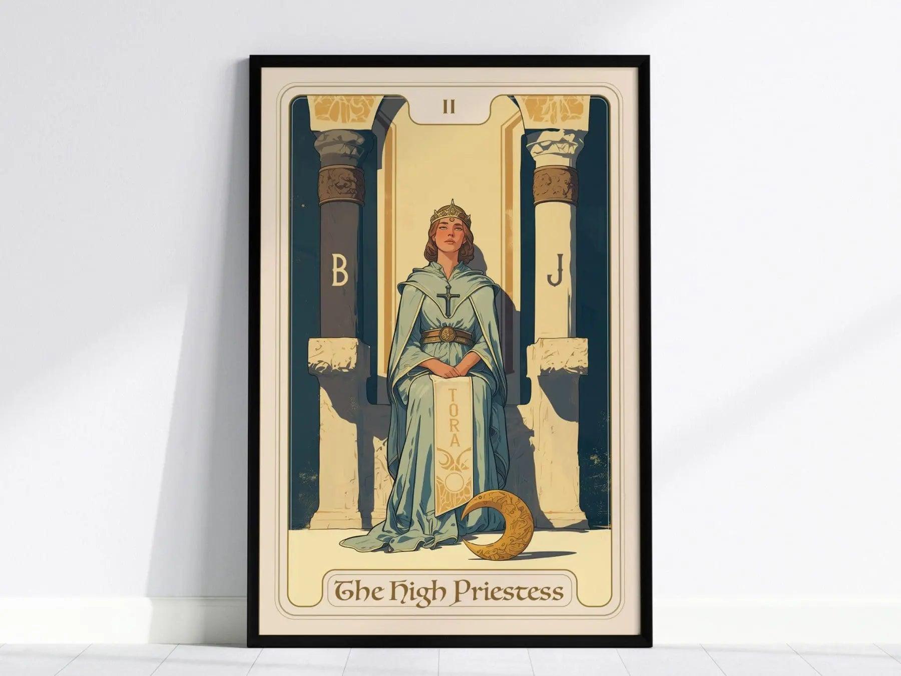 High Priestess tarot poster in black wood frame showing Major Arcana sacred feminine and divine wisdom art