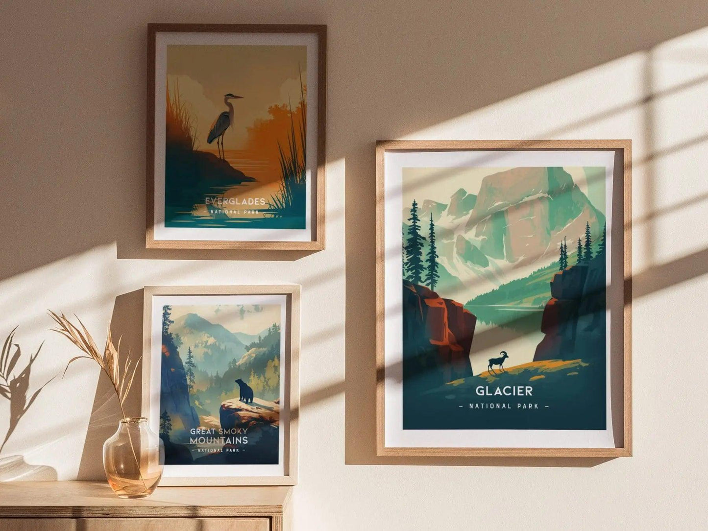Glacier National Park Minimalist Series Framed Wall Art, Montana Nature Vintage Poster Design Minimal Bighorn Home Decor Hiker Gift Set - Swell Scenes