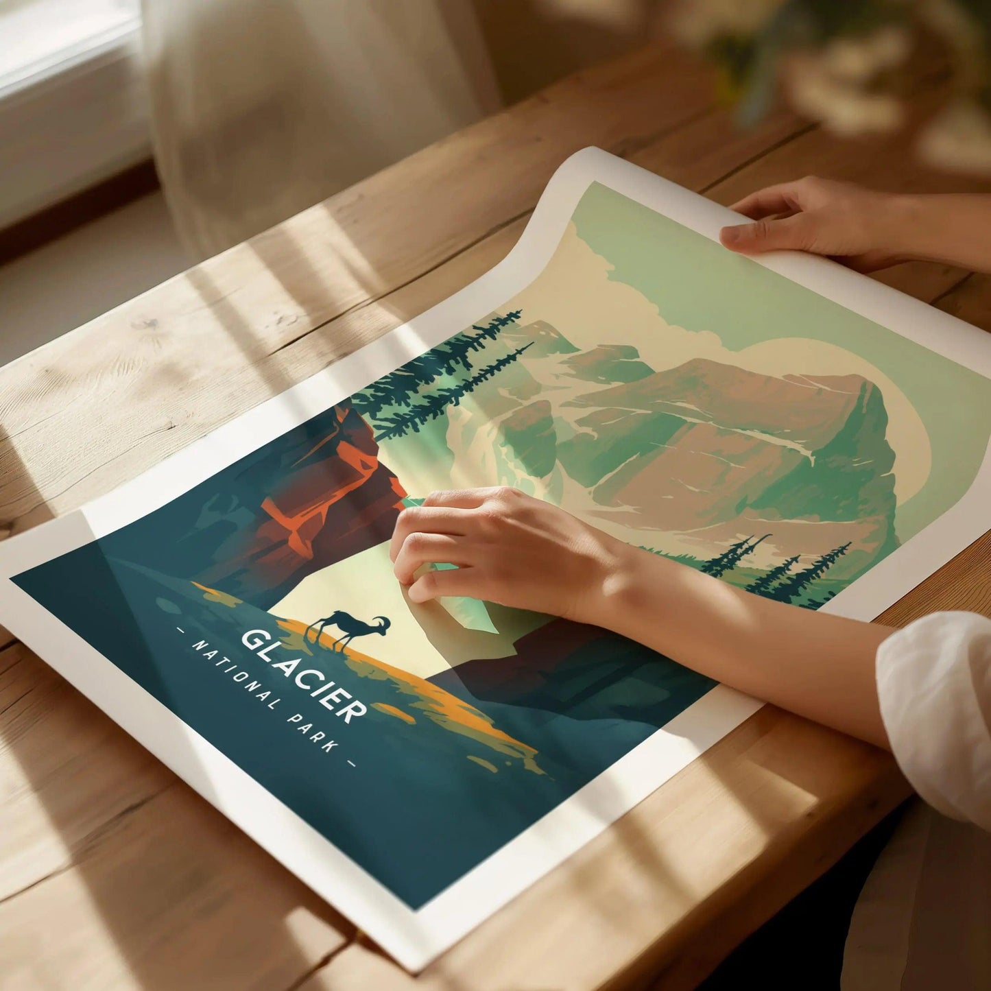 Glacier National Park Minimalist Series Framed Wall Art, Montana Nature Vintage Poster Design Minimal Bighorn Home Decor Hiker Gift Set - Swell Scenes