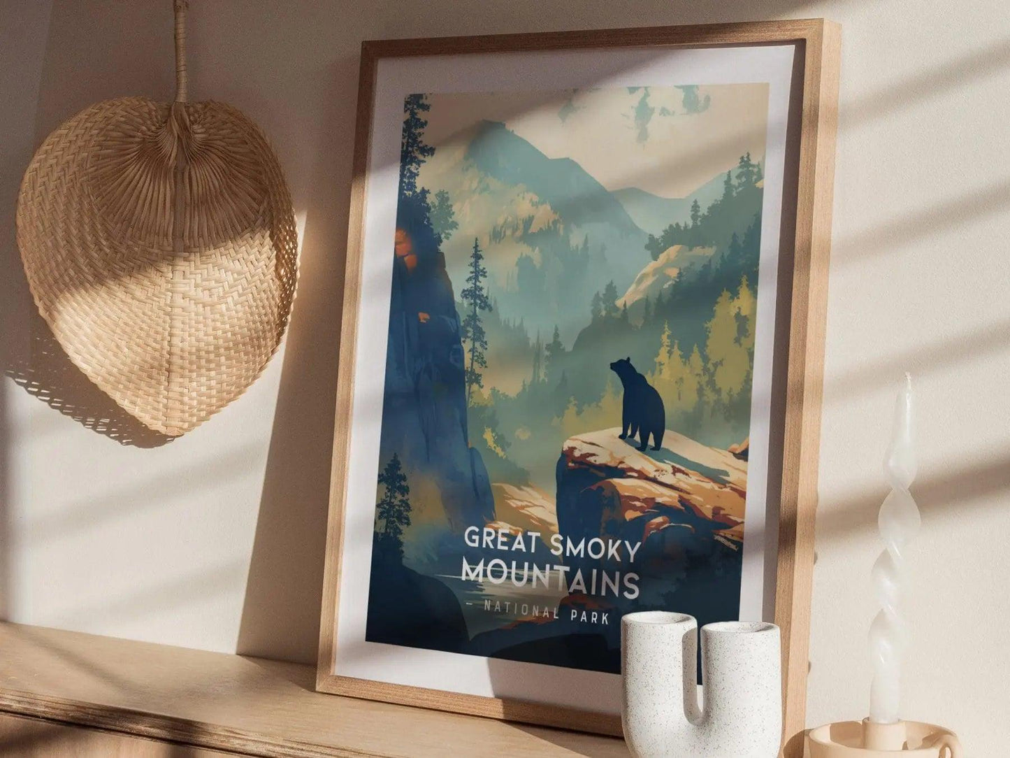 Great Smoky Mountains National Park Minimalist Series Framed Wall Art, Tennessee Carolina Nature Vintage Poster Minimal Home Decor Gift Set - Swell Scenes