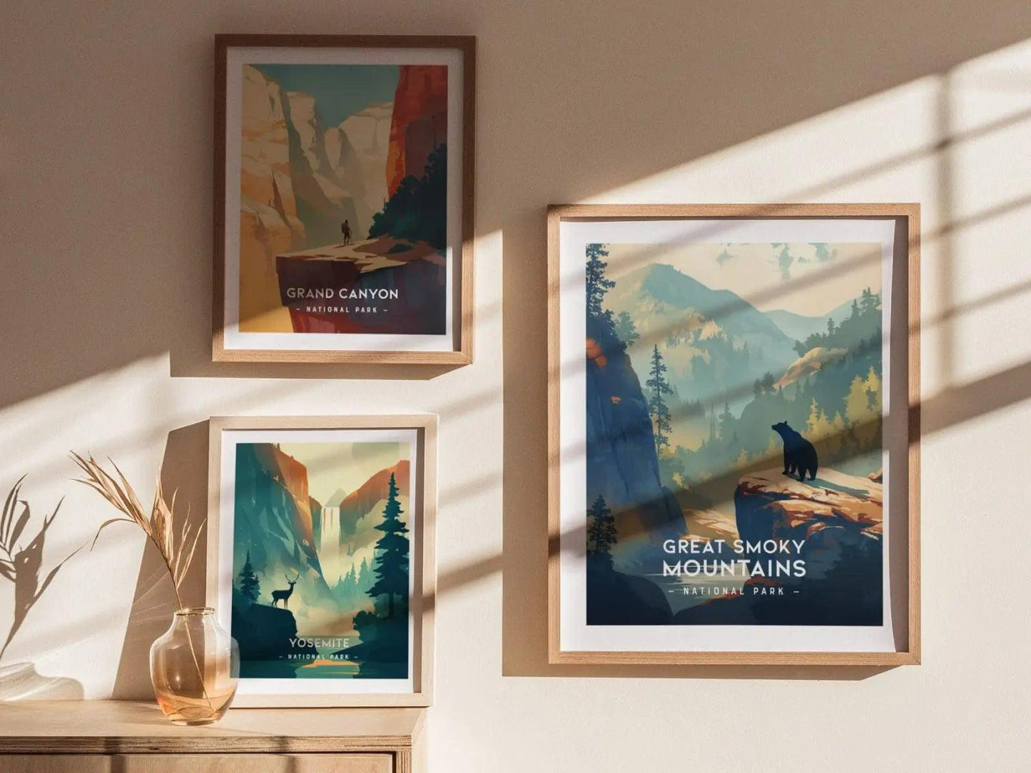 Great Smoky Mountains National Park Minimalist Series Framed Wall Art, Tennessee Carolina Nature Vintage Poster Minimal Home Decor Gift Set - Swell Scenes