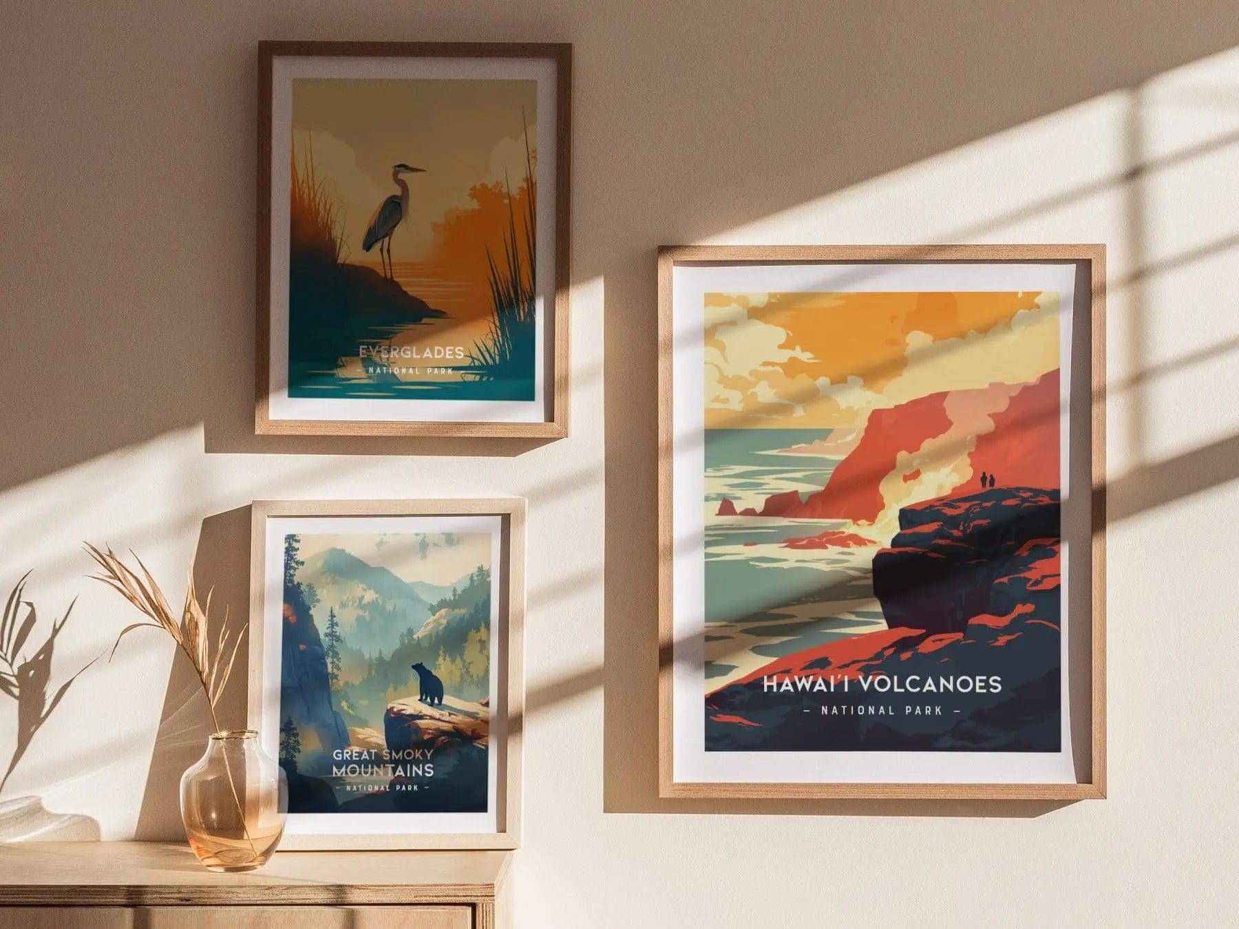 Hawaii Volcanoes National Park Minimalist Series Framed Wall Art, Big Island Volcano Vintage Poster Minimal Home Decor Mauna Loa Gift Set - Swell Scenes