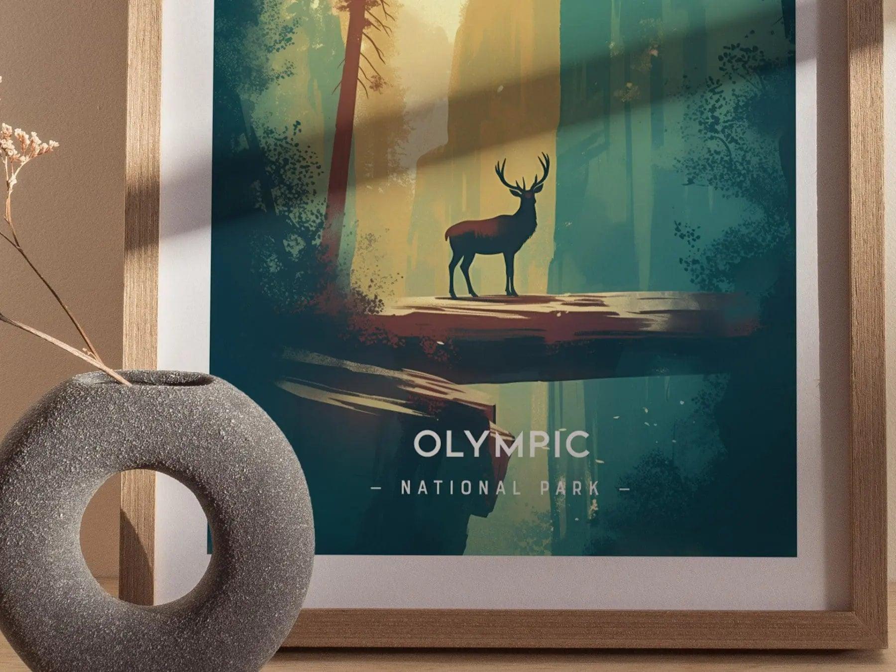 Olympic National Park Minimalist Series Framed Wall Art, Washington Hoh Forest Vintage Poster Minimal Home Decor Elk Nature Hiker Gift Set - Swell Scenes