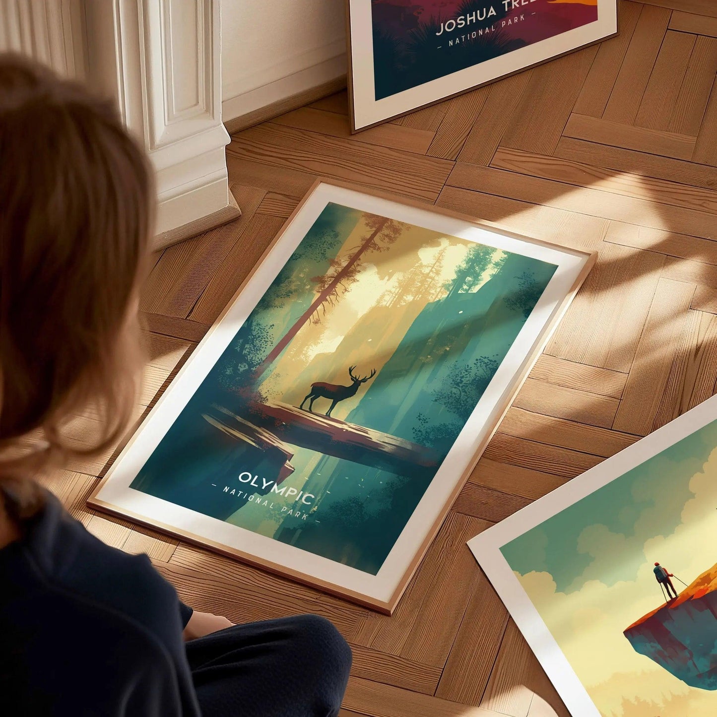 Olympic National Park Minimalist Series Framed Wall Art, Washington Hoh Forest Vintage Poster Minimal Home Decor Elk Nature Hiker Gift Set - Swell Scenes