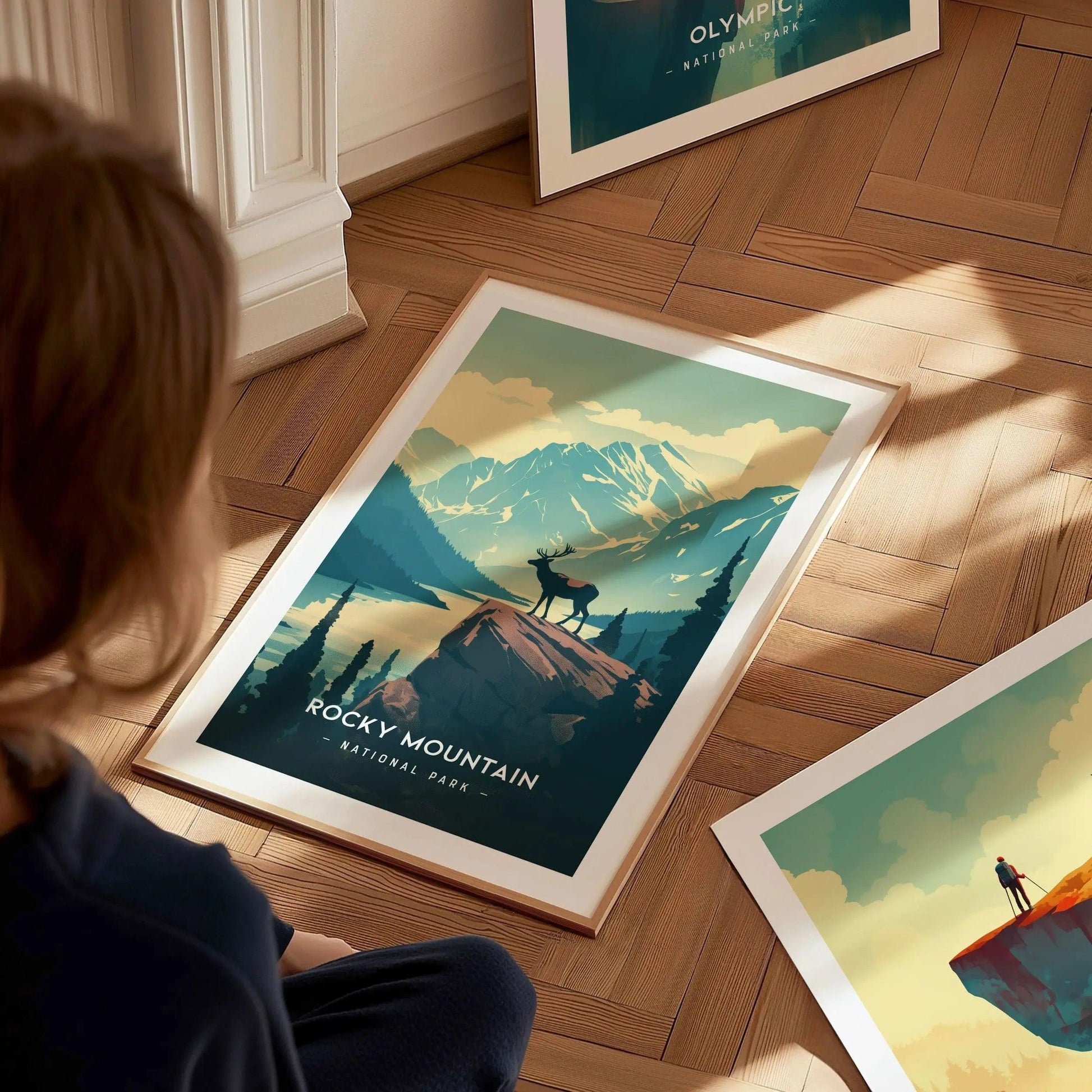 Rocky Mountain National Park Minimalist Series Framed Wall Art, Denver Colorado Vintage Poster Minimal Home Decor Elk Nature Hiker Gift Set - Swell Scenes