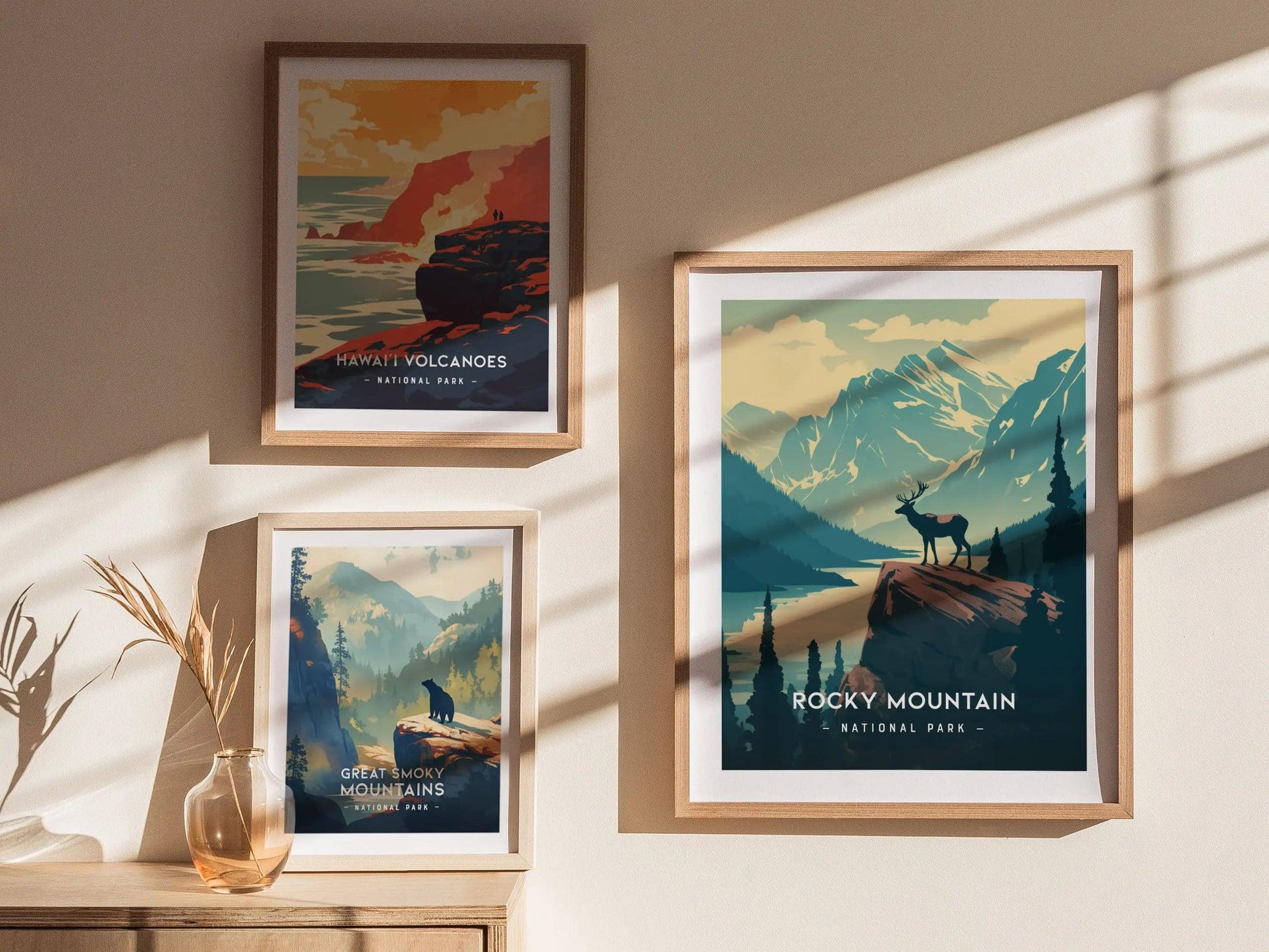 Rocky Mountain National Park Minimalist Series Framed Wall Art, Denver Colorado Vintage Poster Minimal Home Decor Elk Nature Hiker Gift Set - Swell Scenes