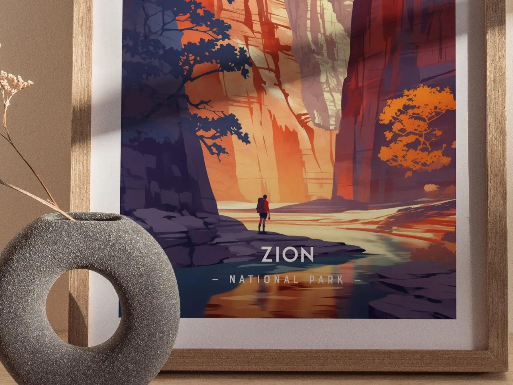 Framed Zion poster in clean modern art style with Utah canyon landscape