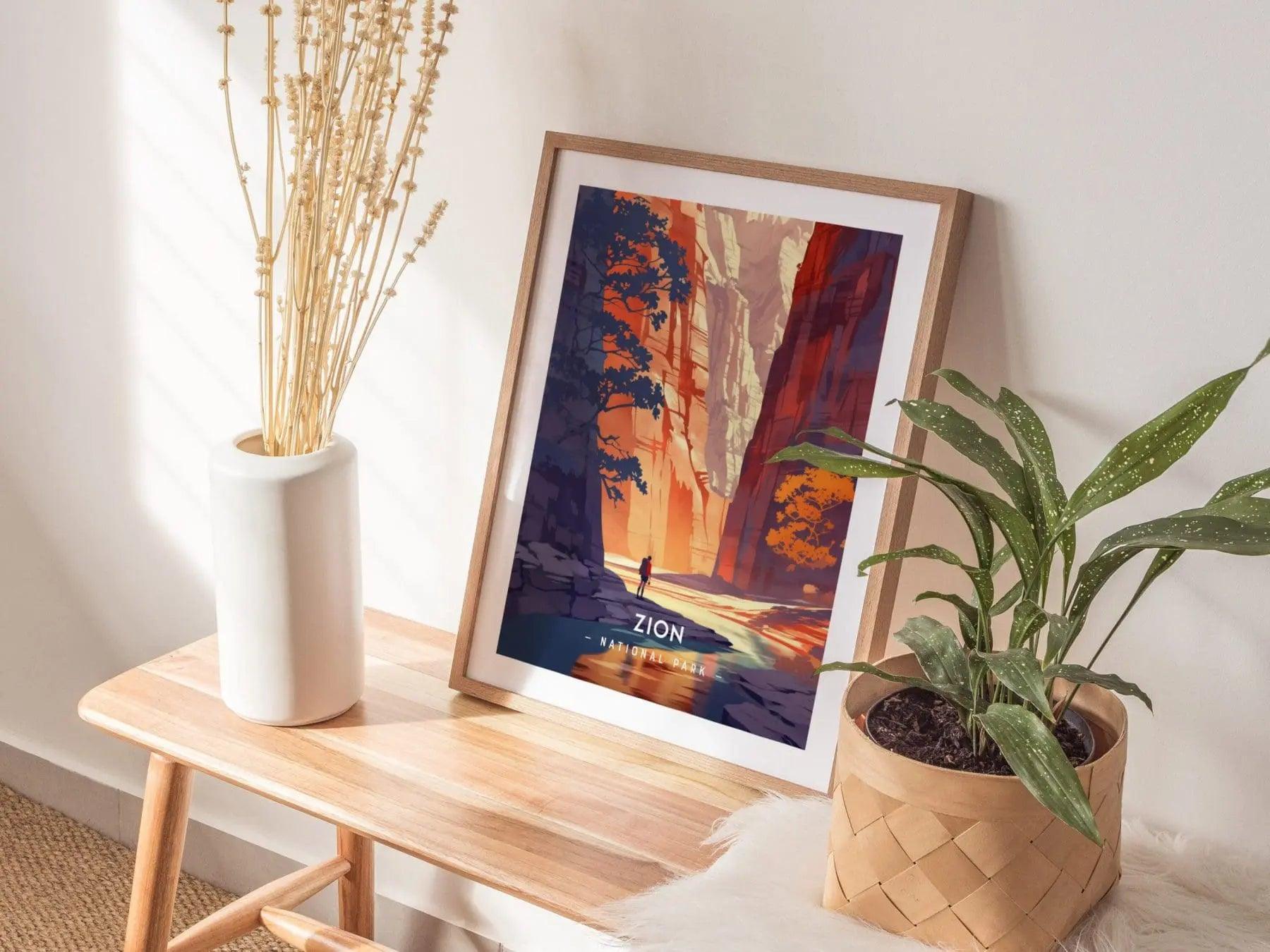 Zion National Park Minimalist Series Framed Wall Art, Utah Narrows Canyon Hiker Vintage Poster Design Minimal Home Decor Nature Gift Set - Swell Scenes