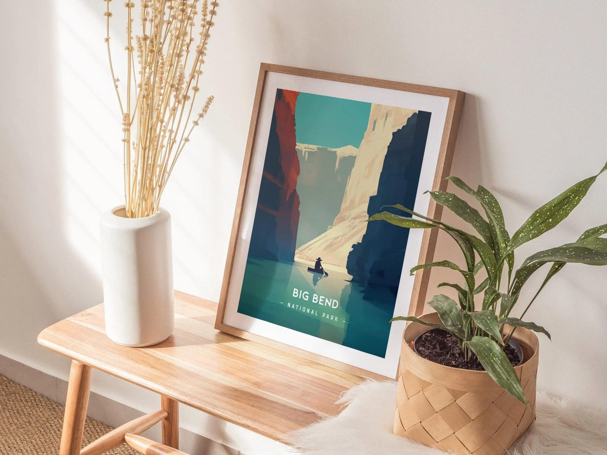 Big Bend National Park Minimalist Series Framed Wall Art, Texas Rio Grande Vintage Poster Design Minimal Home Decor River Kayaker Gift Set - Swell Scenes