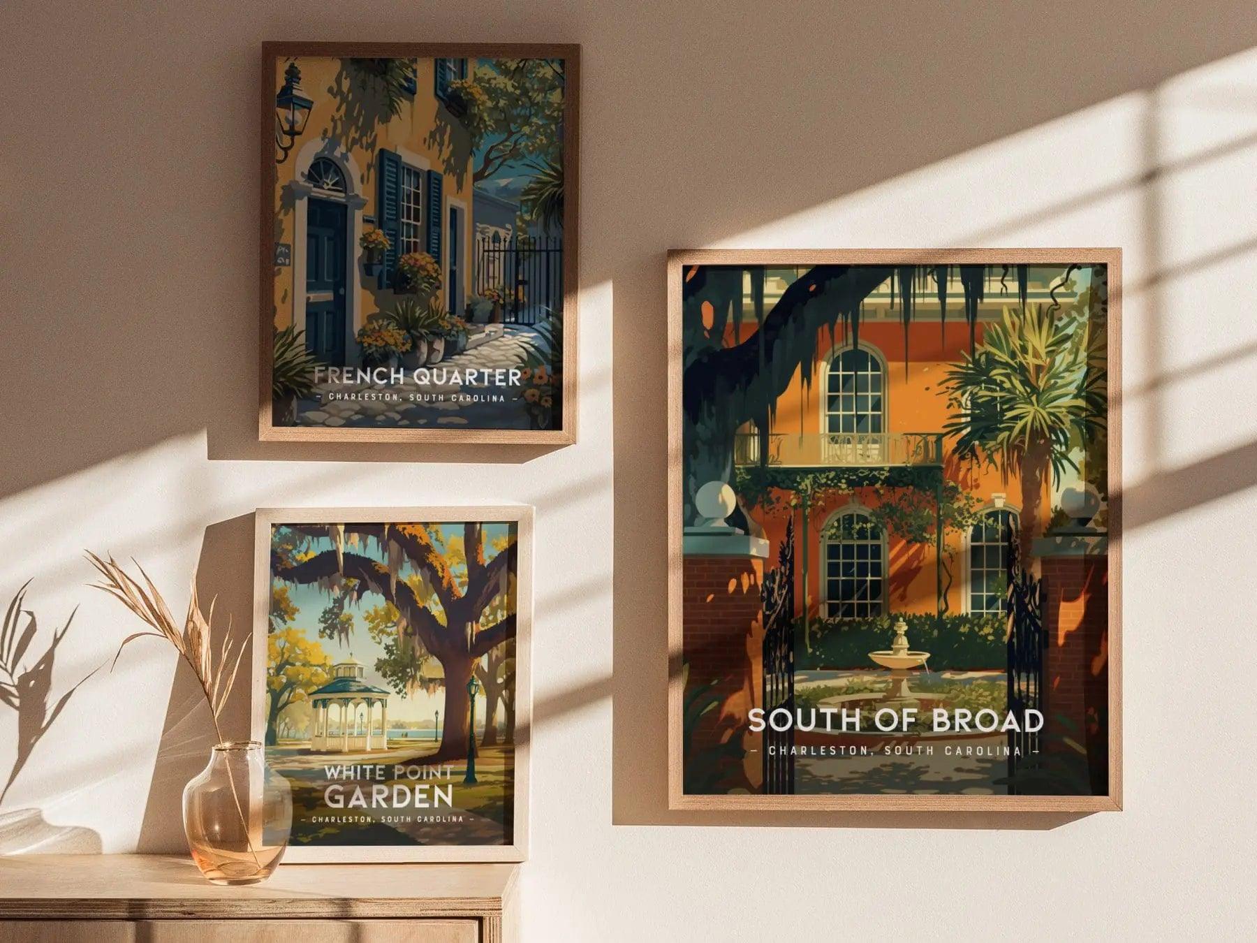 South of Broad Neighborhood, Charleston, South Carolina - Historic Wall Art Travel Poster Print Southeast Home Decor Southern Charm Gift Set - Swell Scenes