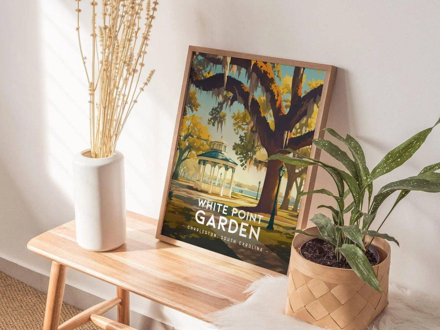 Charleston The Battery poster in white frame featuring White Point Garden gazebo and Spanish moss historic park art