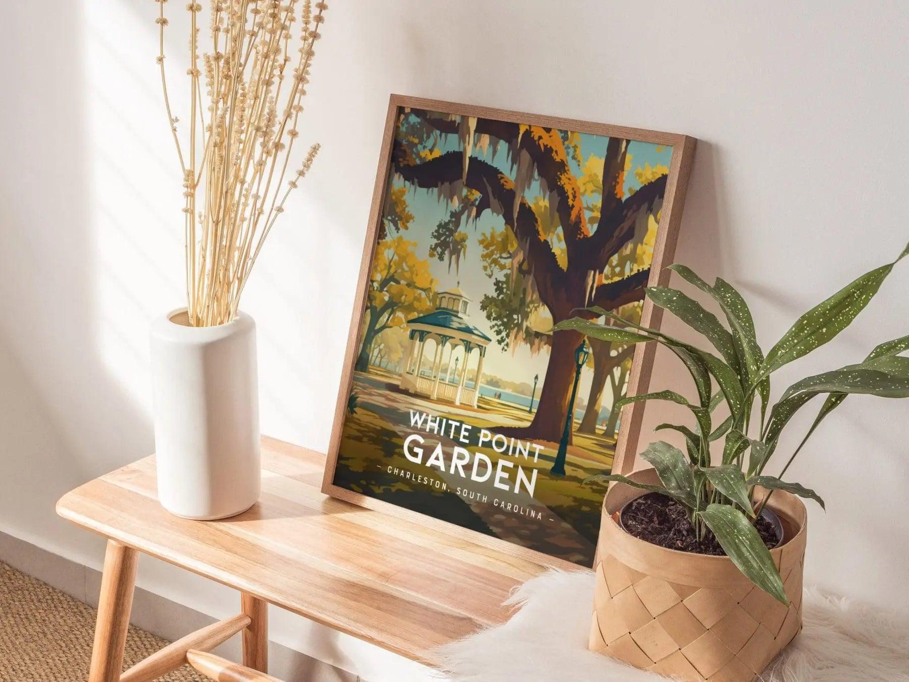 Charleston The Battery poster in white frame featuring White Point Garden gazebo and Spanish moss historic park art