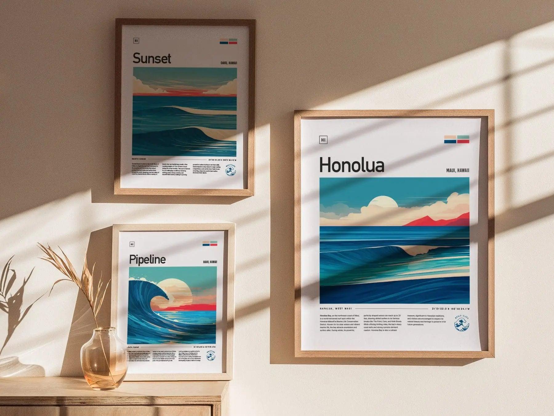 Honolua Framed Surf Poster, Honolua Bay Maui Wall Art, Lahaina Maui Travel Print, Hawaii Surfer Home Decor, Maui Surfing Wave Spot Gift Set - Swell Scenes