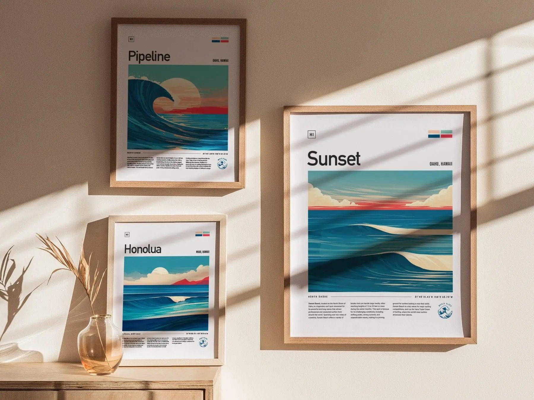 Sunset Beach Surf Spot Framed Poster, North Shore Wall Art, Hawaii Surf Travel Print, Surfer Home Decor Design, Oahu Surfing Wave Gift Set - Swell Scenes