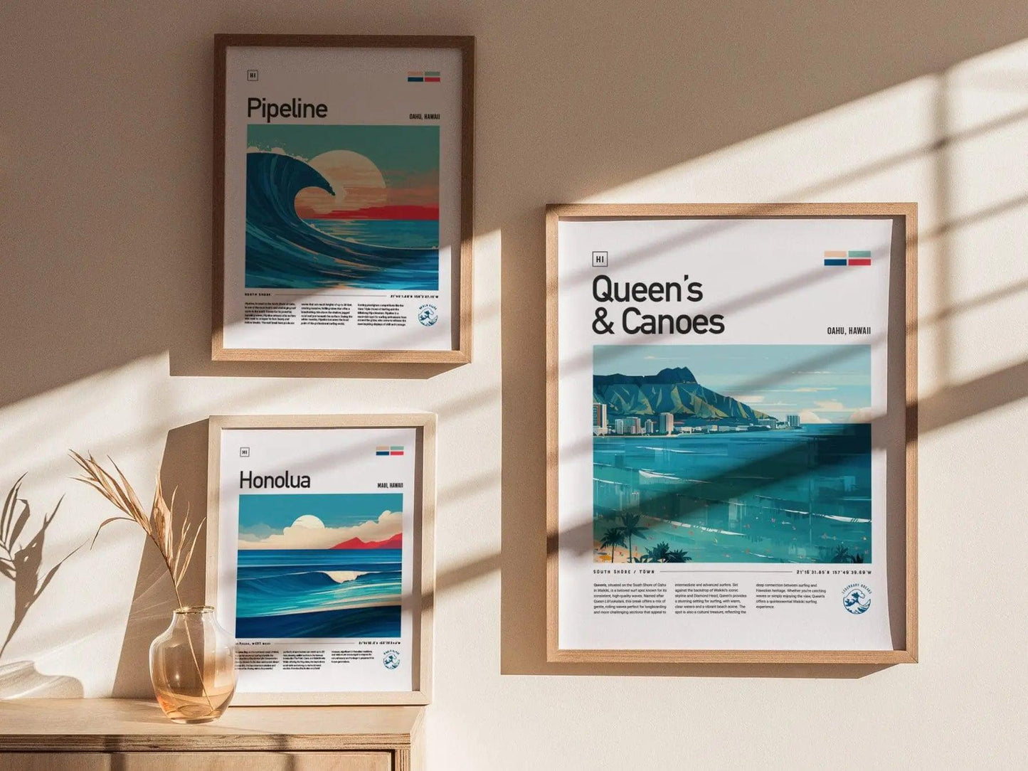 Queens & Canoes Waikiki Surf Spot Framed Poster, Honolulu Surfing Wall Art, Oahu Hawaii Vacation Travel Print, Longboarder Surfer Decor Gift - Swell Scenes