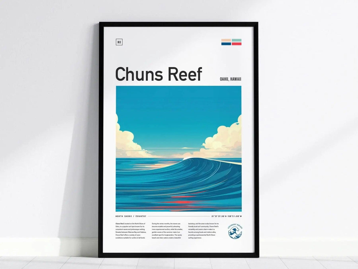 Chuns Reef Surf Spot Framed Poster, North Shore Wall Art, Hawaii Surf Travel Print, Surfer Home Decor Design, Oahu Surfing Wave Gift Set - Swell Scenes