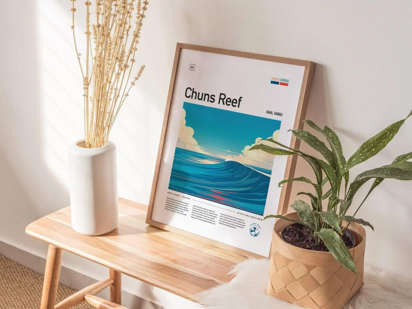 Chuns Reef Surf Spot Framed Poster, North Shore Wall Art, Hawaii Surf Travel Print, Surfer Home Decor Design, Oahu Surfing Wave Gift Set - Swell Scenes