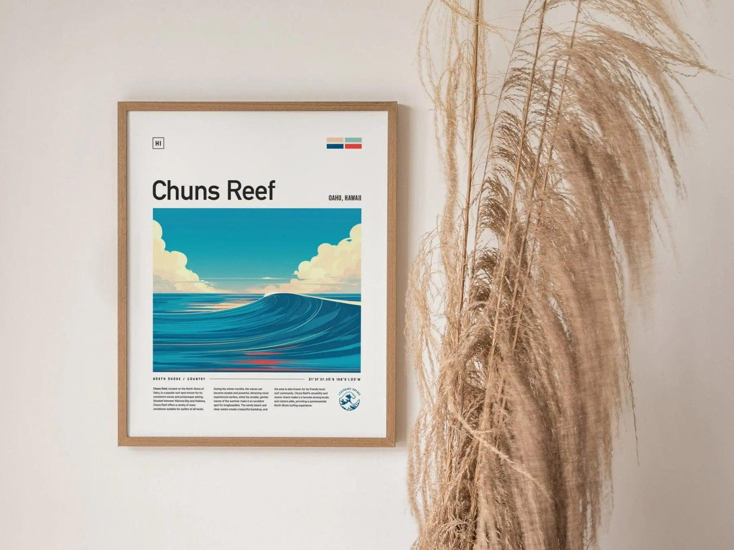 Chuns Reef Surf Spot Framed Poster, North Shore Wall Art, Hawaii Surf Travel Print, Surfer Home Decor Design, Oahu Surfing Wave Gift Set - Swell Scenes