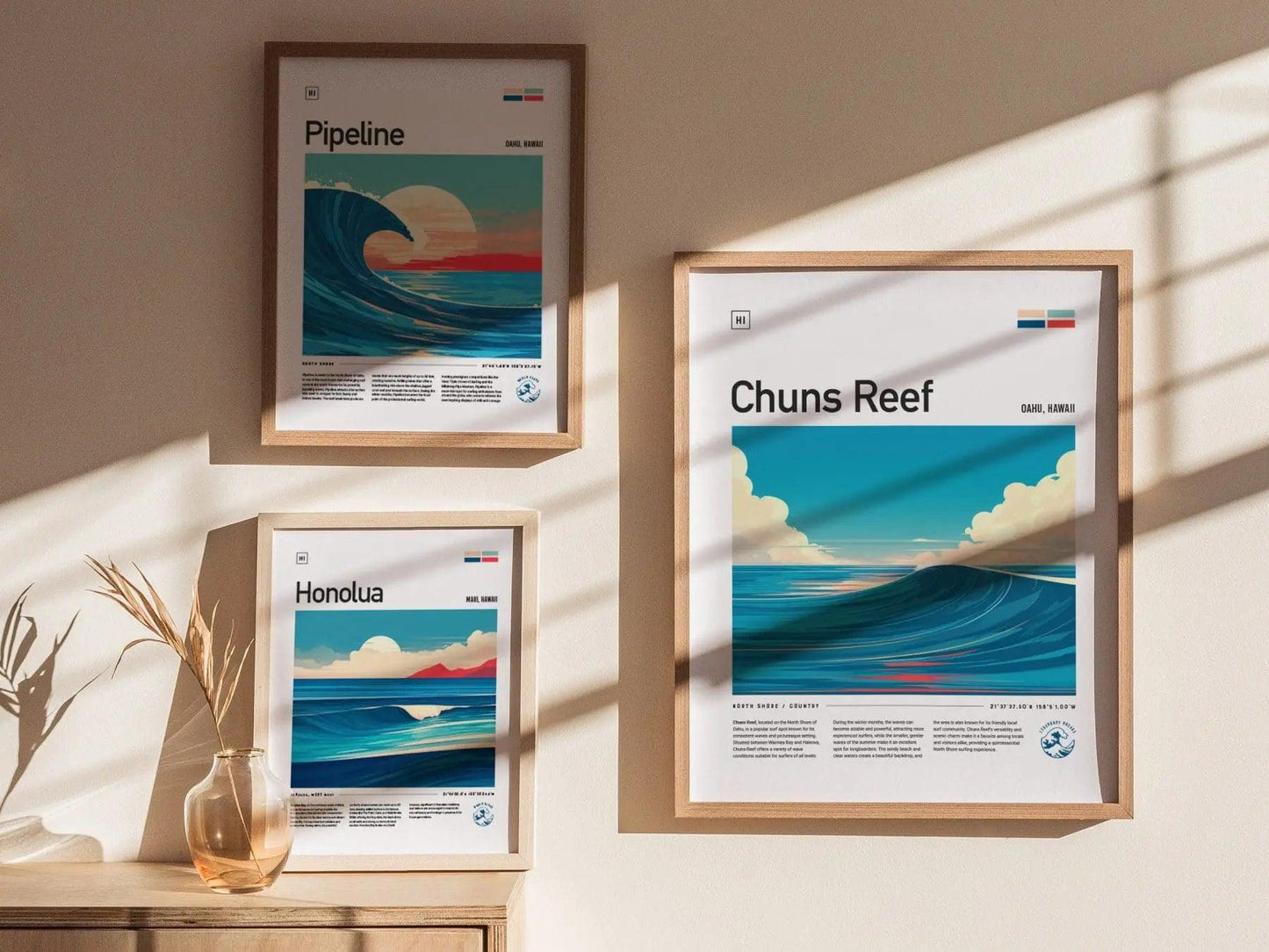 Chuns Reef Surf Spot Framed Poster, North Shore Wall Art, Hawaii Surf Travel Print, Surfer Home Decor Design, Oahu Surfing Wave Gift Set - Swell Scenes