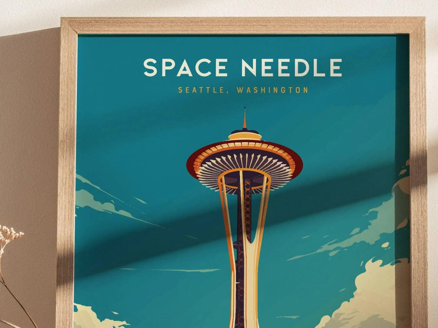 Space Needle Seattle Poster, Iconic Landmark Art, Framed/Unframed Washington Print, Urban Skyline Decor, Travel Gift, Coastal Wall Decor - Swell Scenes