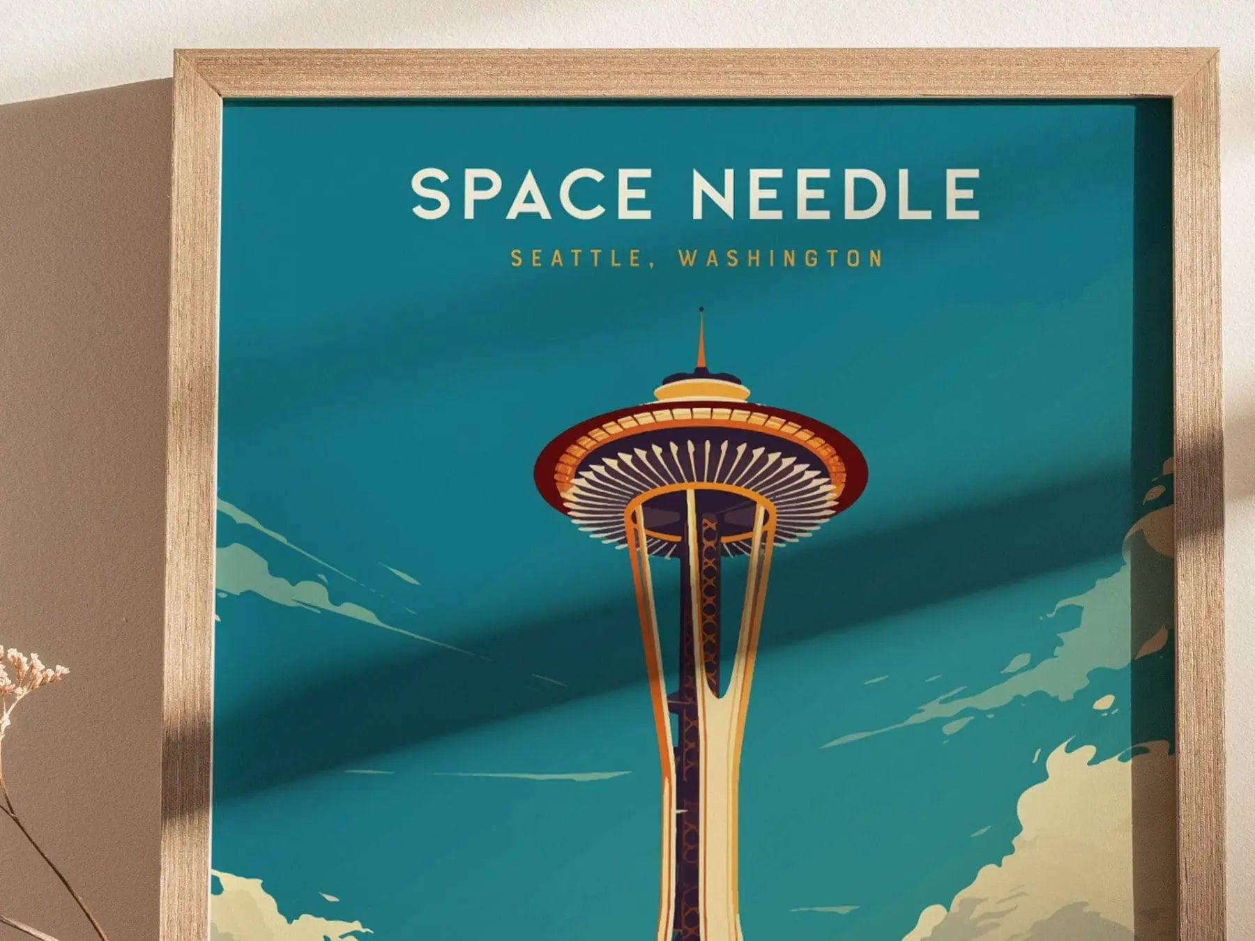 Space Needle Seattle Poster, Iconic Landmark Art, Framed/Unframed Washington Print, Urban Skyline Decor, Travel Gift, Coastal Wall Decor - Swell Scenes