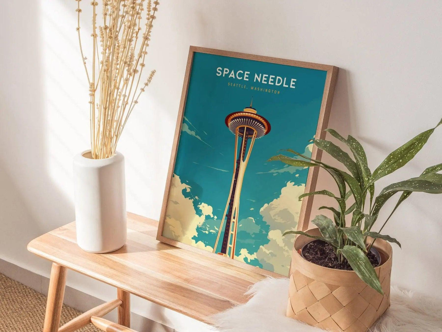 Space Needle Seattle Poster, Iconic Landmark Art, Framed/Unframed Washington Print, Urban Skyline Decor, Travel Gift, Coastal Wall Decor - Swell Scenes