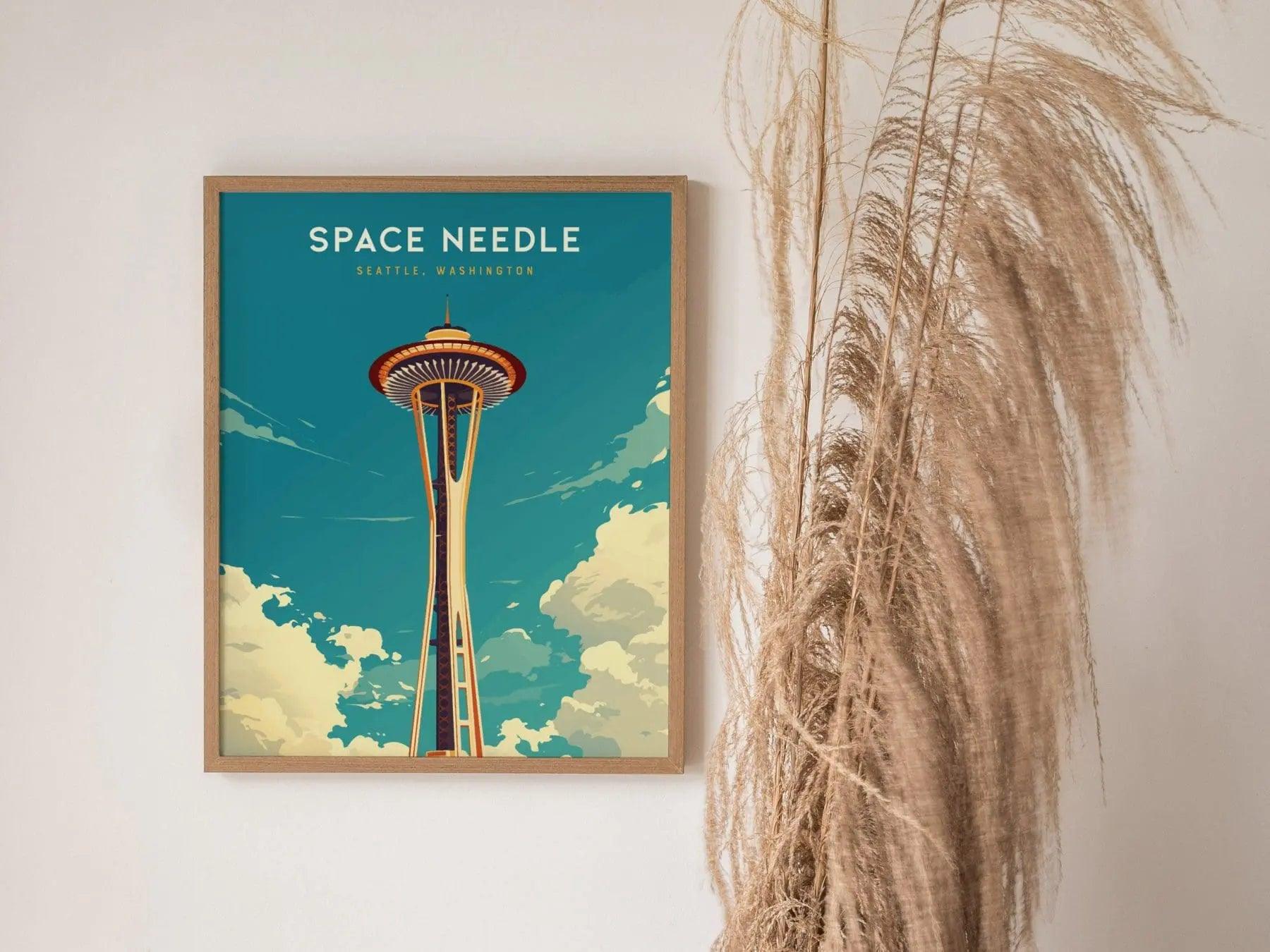 Space Needle Seattle Poster, Iconic Landmark Art, Framed/Unframed Washington Print, Urban Skyline Decor, Travel Gift, Coastal Wall Decor - Swell Scenes