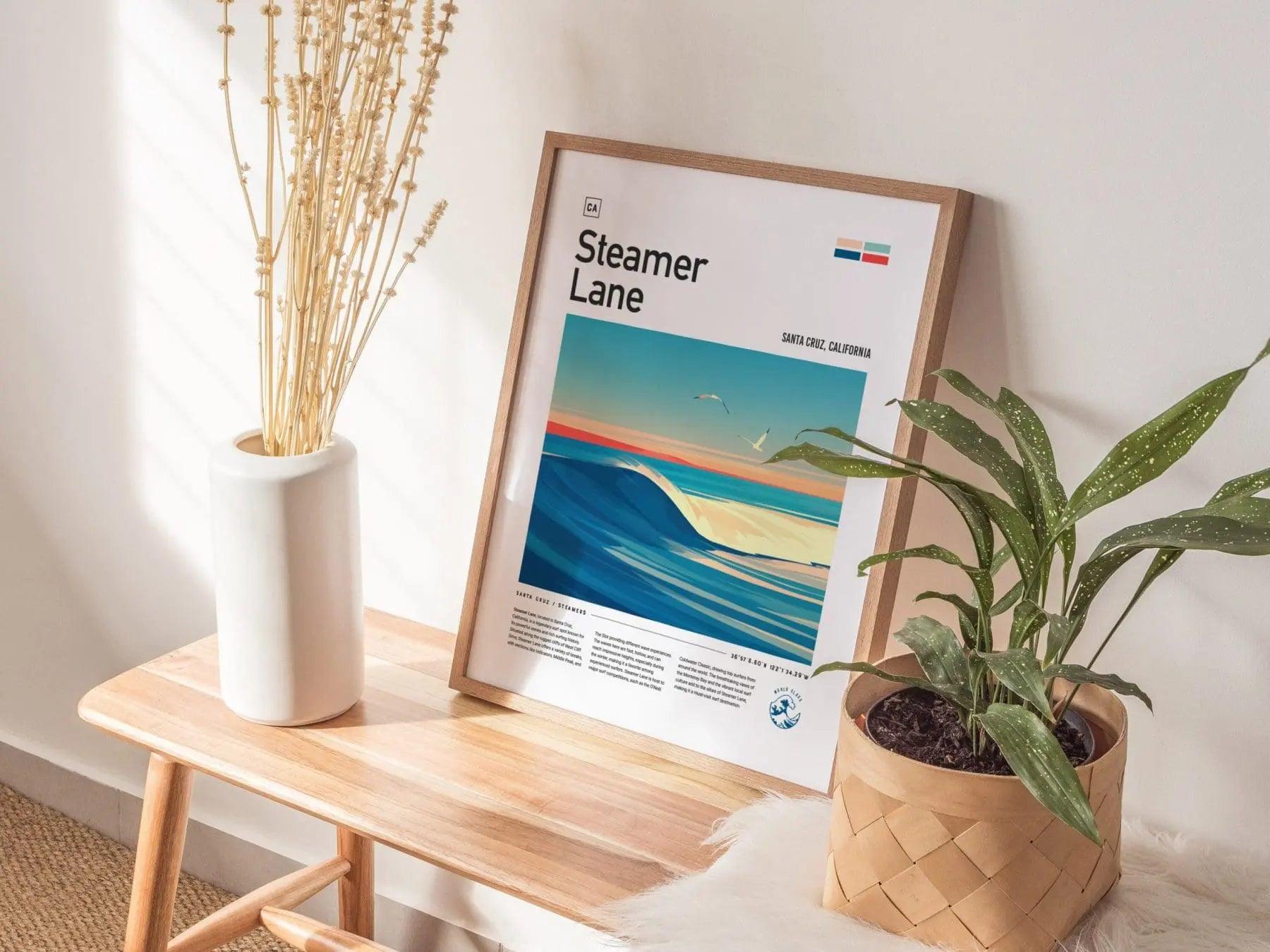 Steamer Lane Santa Cruz Surf Spot Framed Poster, California Surfer Wall Art, CA Surf Wave Travel Print, Minimal Design Surfing Decor Gift - Swell Scenes