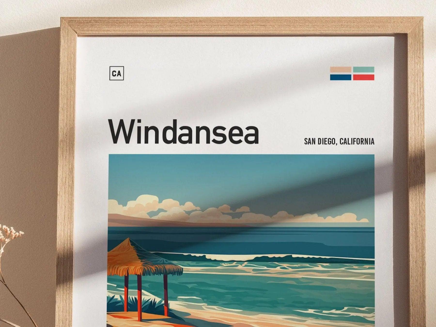 Natural wood framed Windansea Beach poster showing San Diego iconic surf spot with powerful wave detail