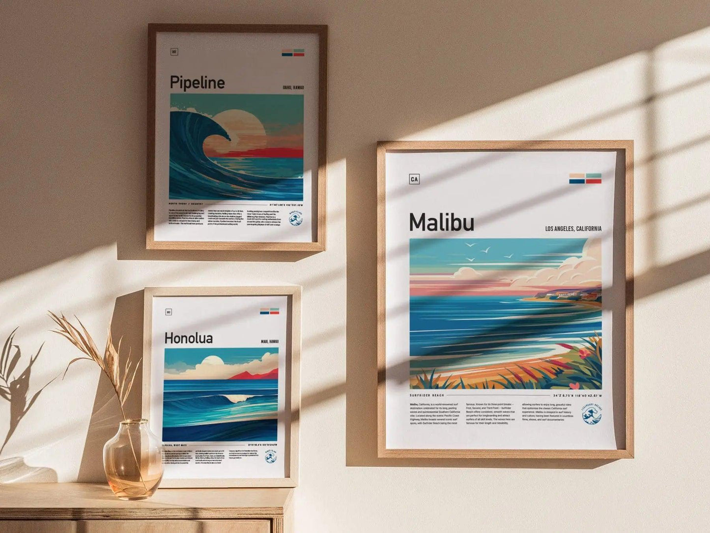 Malibu Surfrider Beach Surf Spot Framed Poster, Los Angeles Wave Wall Art, California Surf Travel Print, LA Surfer Decor Surfing Design Gift - Swell Scenes