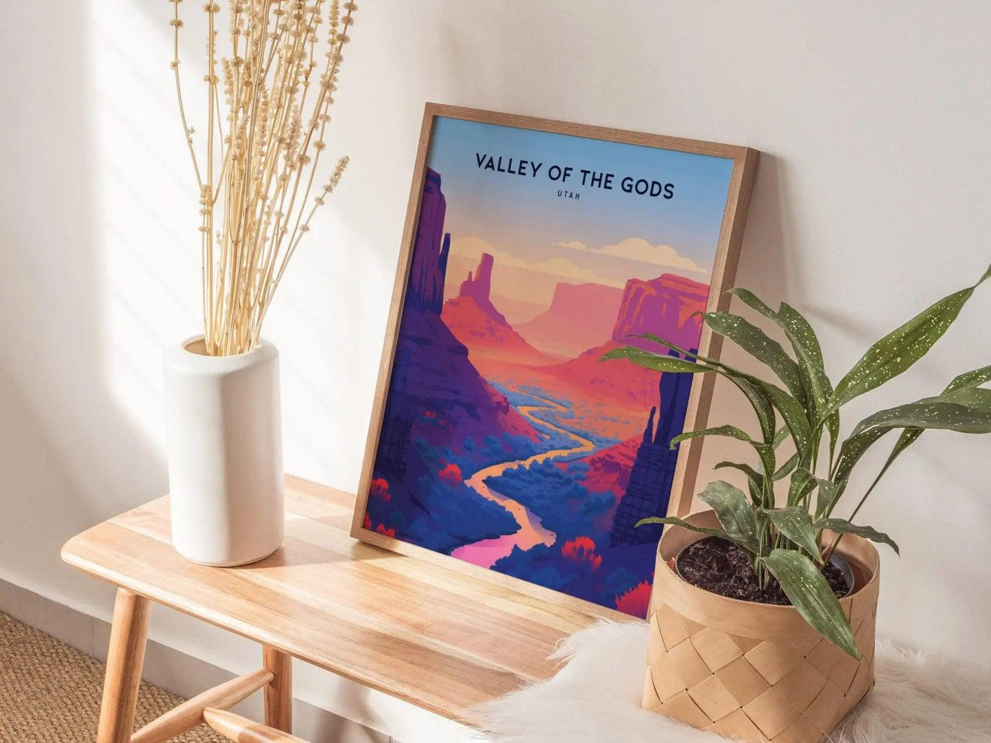 Natural wood framed Valley of the Gods poster showing Utah red rock country and southeastern desert wilderness