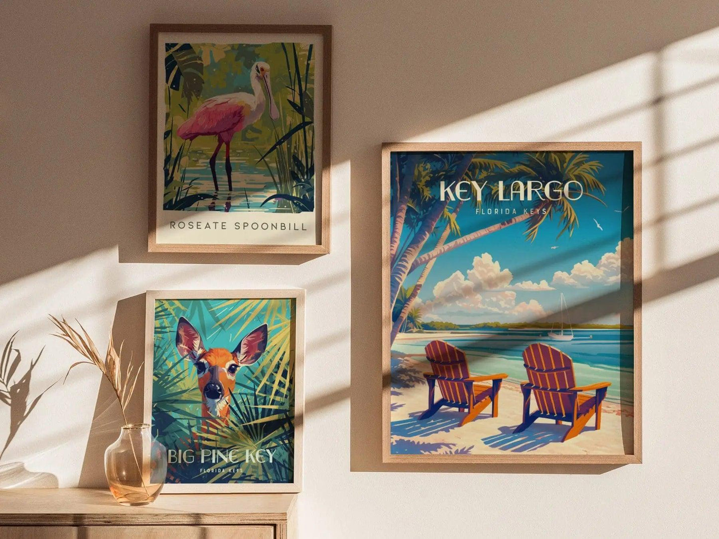 Key Largo, Florida Keys, Framed Wall Art - South FL Beach Travel Poster Print Tropical Island Vacation Home Decor Cottage Artwork Gift Set - Swell Scenes