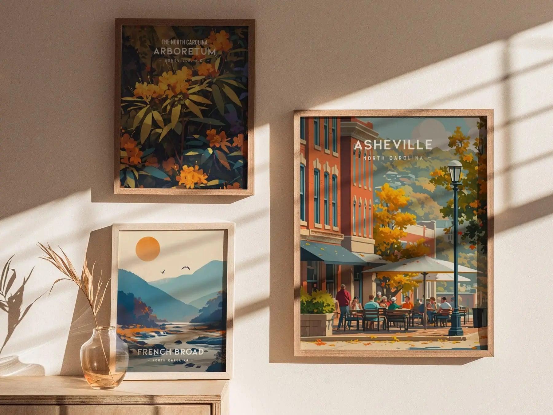 Asheville Downtown, North Carolina, Framed Wall Art, NC Travel Poster Print Appalachian Mountains Vacation Home Cabin Decor Artwork Gift Set - Swell Scenes