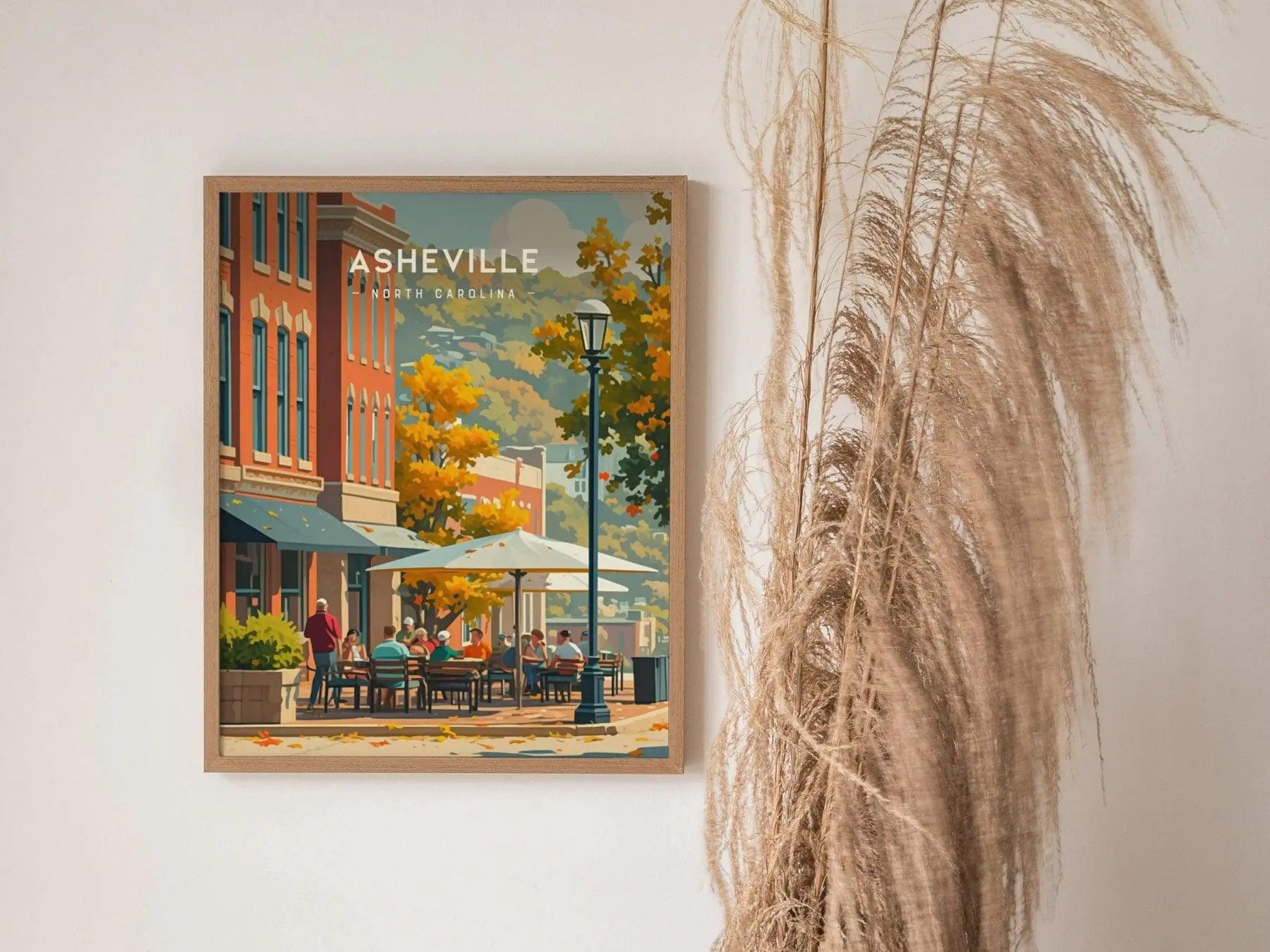 Asheville Downtown, North Carolina, Framed Wall Art, NC Travel Poster Print Appalachian Mountains Vacation Home Cabin Decor Artwork Gift Set - Swell Scenes