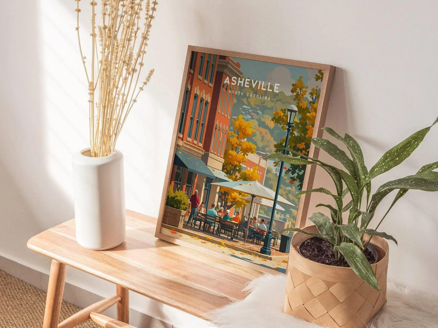Asheville Downtown, North Carolina, Framed Wall Art, NC Travel Poster Print Appalachian Mountains Vacation Home Cabin Decor Artwork Gift Set - Swell Scenes