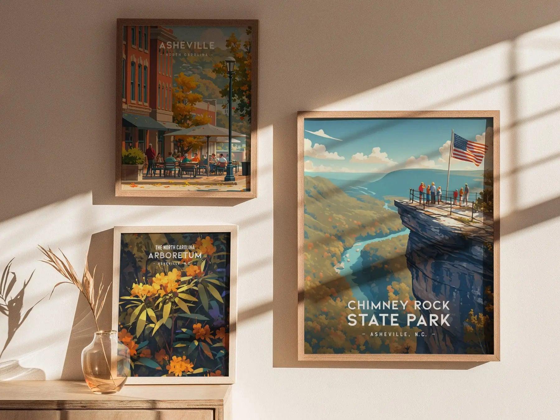 Chimney Rock State Park, Asheville, North Carolina, Framed Wall Art, NC Travel Poster Print Blue Ridge Vacation Cabin Decor Artwork Gift Set - Swell Scenes