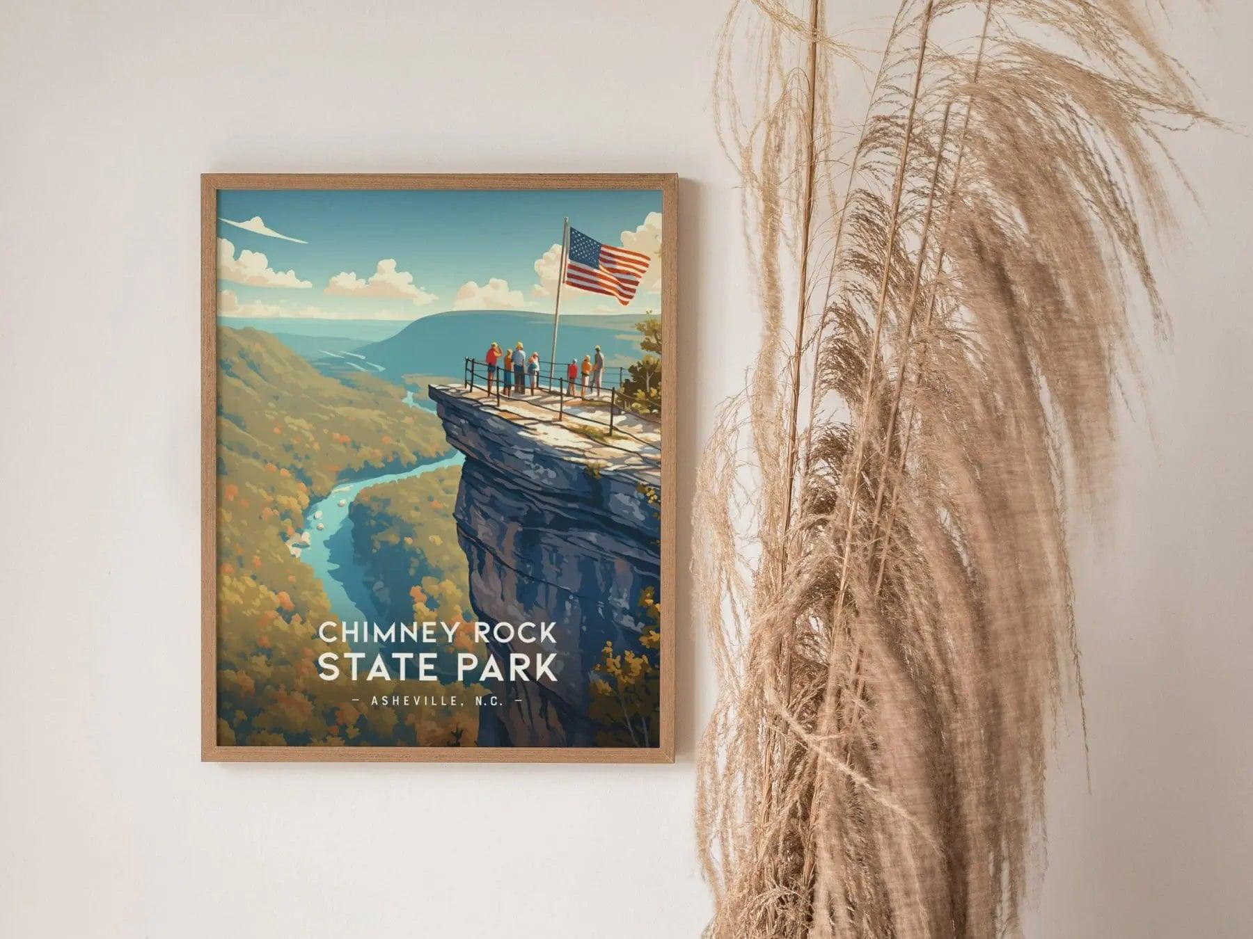 Chimney Rock State Park, Asheville, North Carolina, Framed Wall Art, NC Travel Poster Print Blue Ridge Vacation Cabin Decor Artwork Gift Set - Swell Scenes