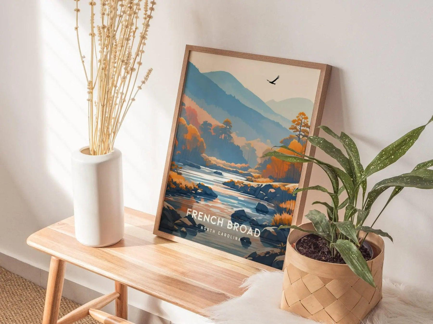 French Broad River, North Carolina, Tennessee, Framed Wall Art, NC TN Travel Poster Print Blue Ridge Vacation Cabin Decor Artwork Gift Set - Swell Scenes